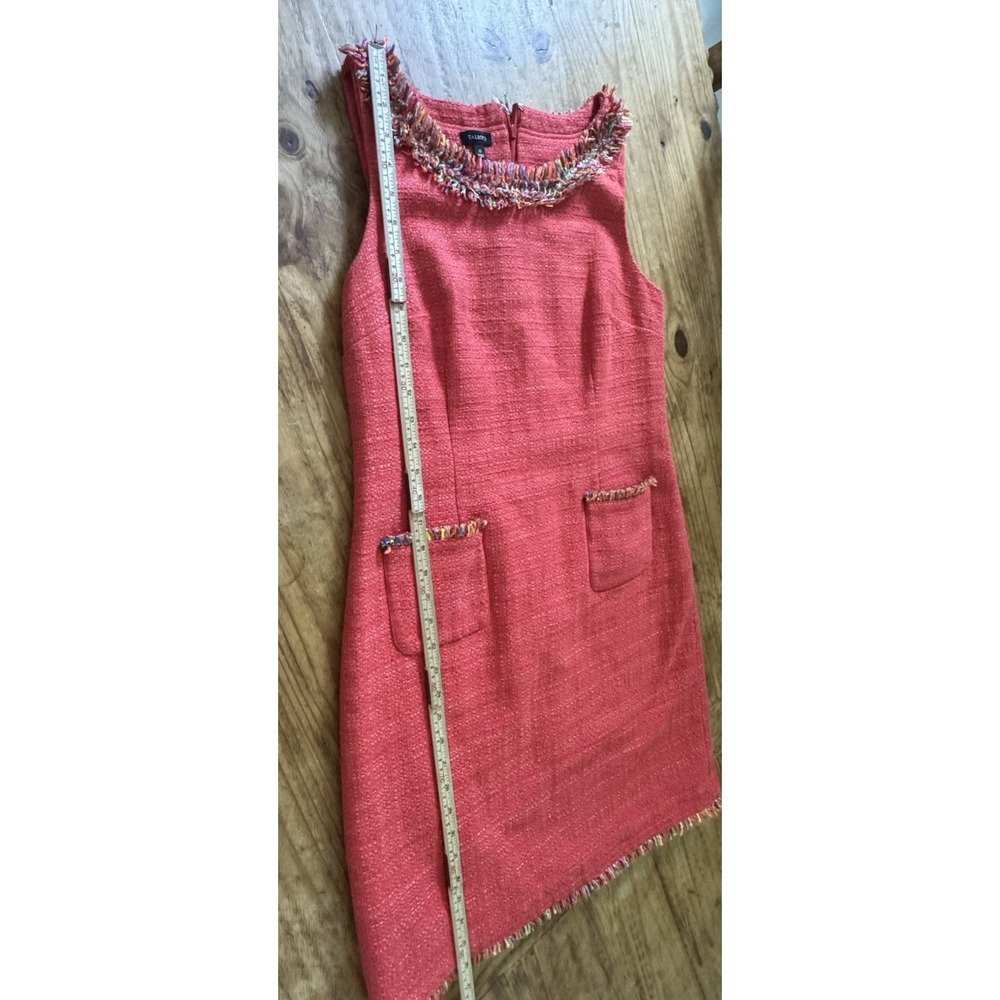 Talbots Tweed Sheath Dress Size 10 Coral Red Fringe Trim Sleeveless Lined Pocket - Picture 12 of 12